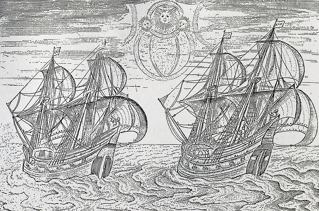 Skipið, sum Magnus Heinason fór til Grønlands við kann hava sæð nakað soleiðis út Mynd: Artisk fyribrigdi úr ferðafrásøgn hjá Gerrit de Veers um hansara ferðir frá Amsterdam 1600