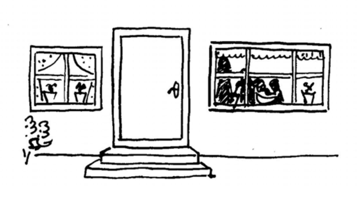 mynd av húsi, hurð og vindeygum